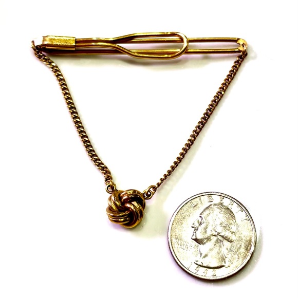 Vintage Goldtone “Swank” Tie Clip with Hanging Chains and Love Knot Pendant - Picture 2 of 4